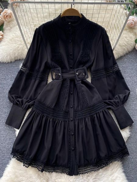 

casual dresses autumn solid color lace patchwork ruffles hollow out dress women lantern long sleeve buttons sashes a line short, Black;gray
