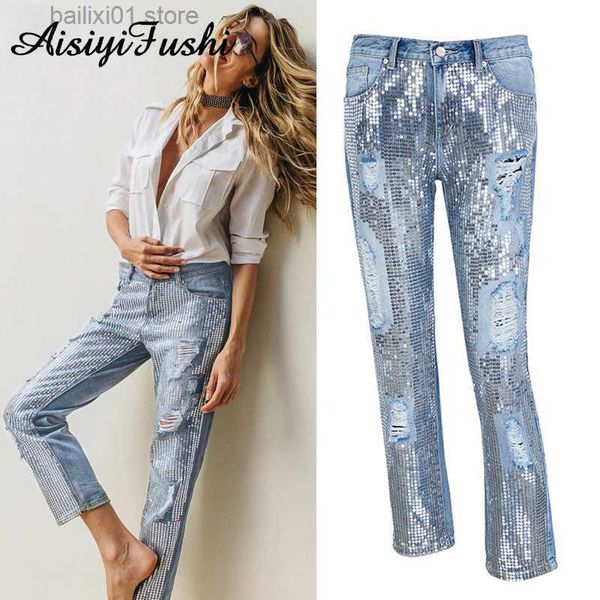 

women's jeans sequin torn jeans women's underwear street clothing zippers edge torn jeans women's denim loose fitting women&#, Blue