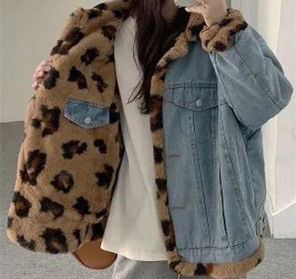 

aelegantmis winter denim jackets for women leopard print reversible jean jacket harajuku chic thicken warm velvet coats female 2201376165, Black;brown
