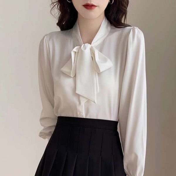 

early autumn style bow tie shirt female design sense niche professional temperament satin top, White
