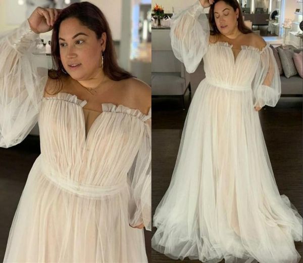 

romantic boho country plus size wedding dress bridal gown ivory tulle champagne satin off the shoulder detachable poet sleeves ple3995189, White