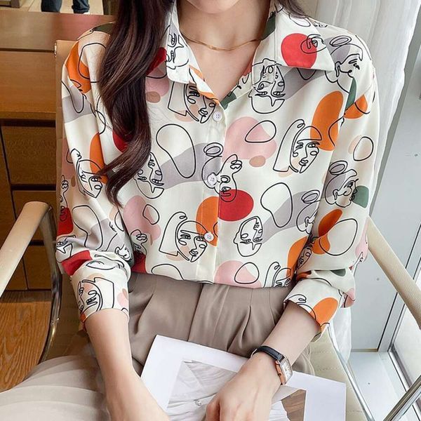 

womens long sleeved shirt autumn style cartoon printed chiffon, White