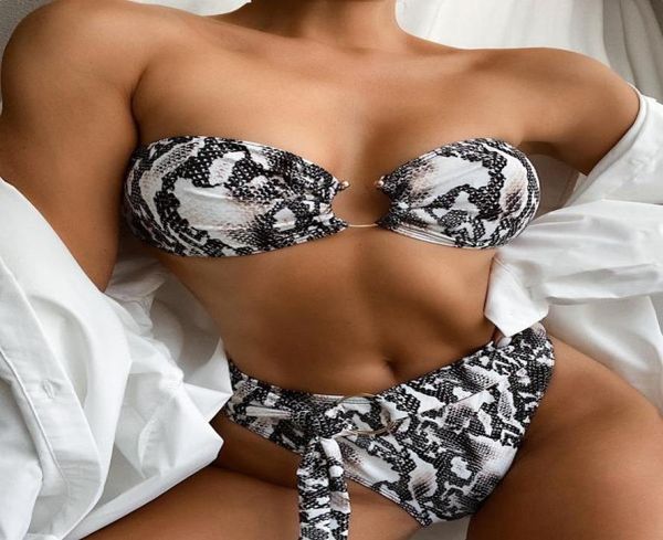 

2020 high leg bikini snake skin off shoulder swimming suit for women high waist brazilian bikini black bandeau swimwear women6984316, White;black