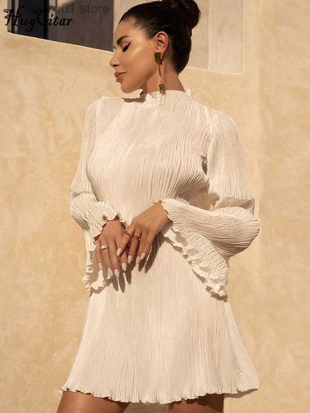 

basic casual dresses ribbed o neck long flare sleeves ruffles elegant bodycon mini prom dress 2022 fall women birthday party clothings t2308, Black;gray