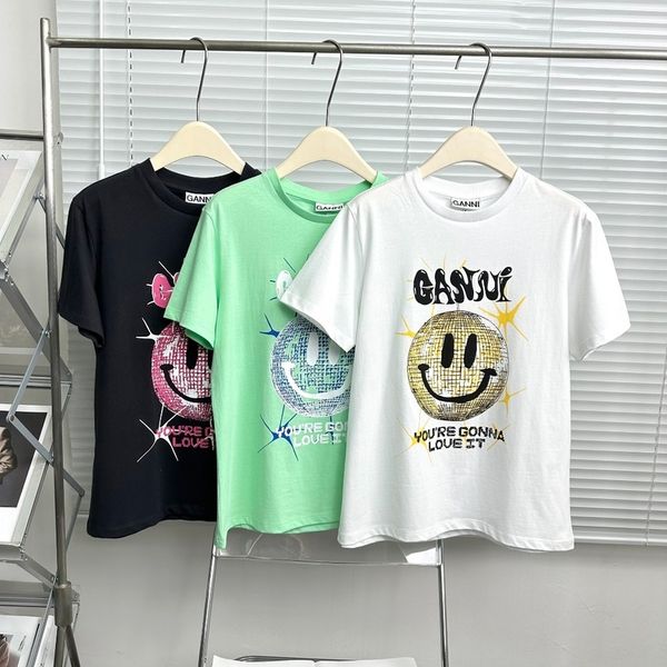 

women designer fashion t-shirt 23ss ganni fashion cotton letter smiling face printing round neck casual loose short-sleeved t-shirt female, White