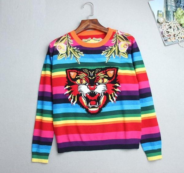 

women039s sweaters runway sweater winter women flower embroidery rainbow striped tiger knitted casual pullover jumper pull femm9674634010, White;black