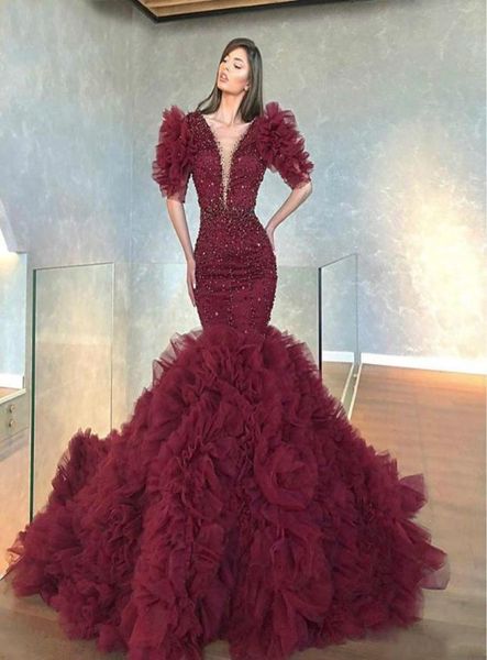 

2020 long elegant evening dresses vneck sparkly mermaid short sleeve ruffle beaded dubai women burgundy tiered tulle formal 3021635, Black