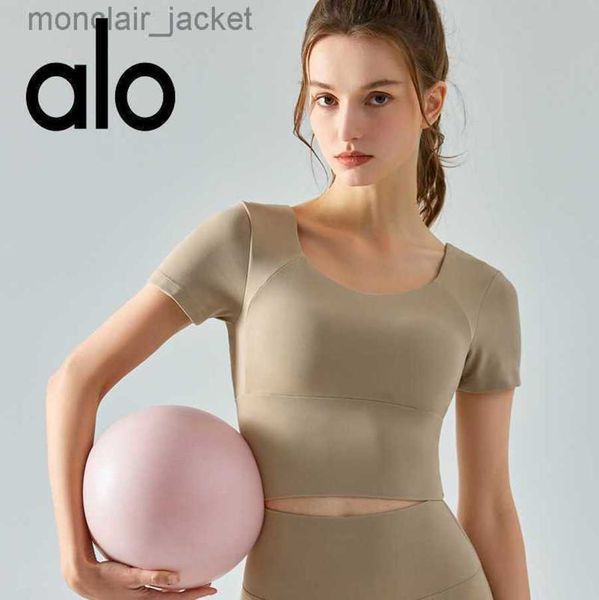 

desginer alos yoga t shirt new neck short sleeved integrated chest pad sports tight and quick drying fitness top, White
