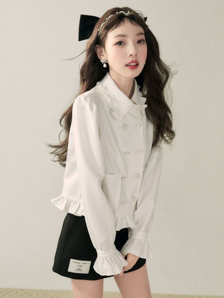 

layered cropped shirt ruffled doll detachable frill collar blouse diamond ironing poplin puff sleeve double breasted denim faded stonewashed, White