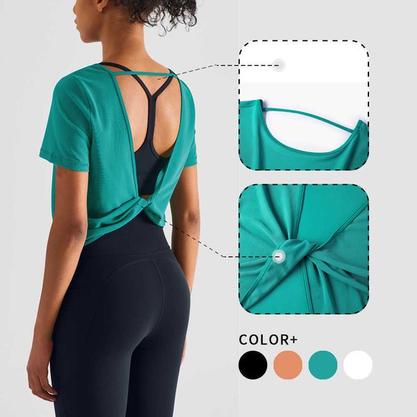 

lulu hollow back t-shirt for fitness female mesh stitching sport for gym women breathable yoga shirt workout sportswear summer tee