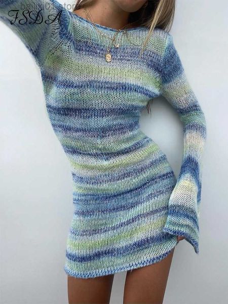

basic casual dresses blue knitted backless dress mini bodycon y2k long sleeve 2022 women party dresses beach club summer outfits t230817, Black;gray
