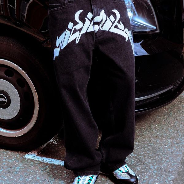 

men's jeans fashion street hip-hop letter embroidery design high waist jeans men y2k baggy punk casual straight wide leg jeans men clot, Blue
