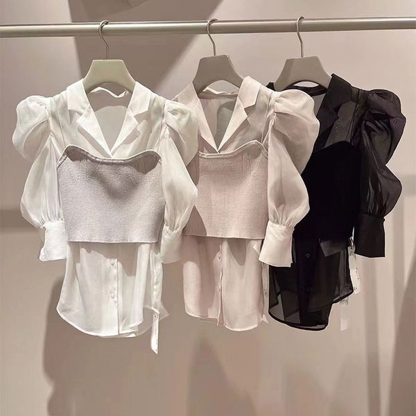 

women's blouses shirts japanese perspective bubble sleeve shirt knitted bra spring chiffon turndown collar blouse sweet casual blusa fe, White