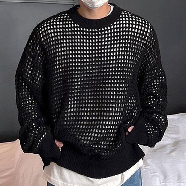 

men's sweaters fall trend mens mesh knitting streetwear fashion transparent hollow out sweater men casual loose long sleeve o neck jum, White;black