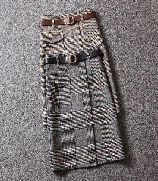 

2020 autumn winter fashion woolen tartan skirt long style for women high waist split woman skirts mujer faldas saias mulher2018811, Black