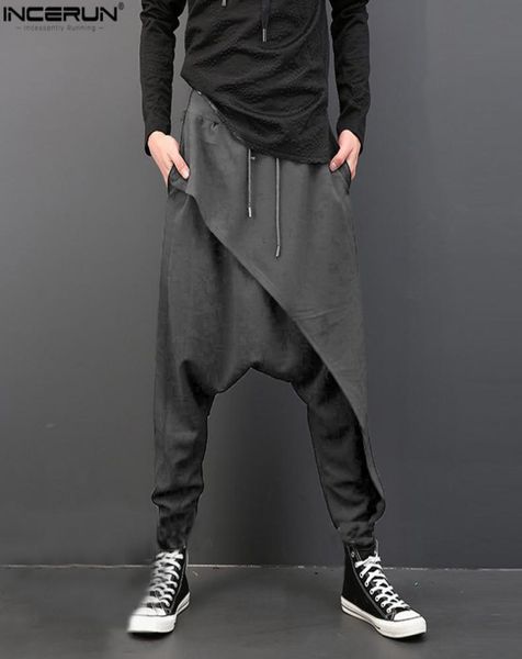 

incerun vintage men loose drop crotch drape pants dance baggy trousers men drawstring harem pants men pantalon hombre plus size y19746633, Black