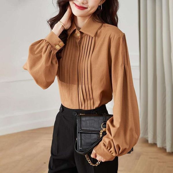 

autumn style french pleated white shirt for women design sense niche simple golden silk temperament business wear