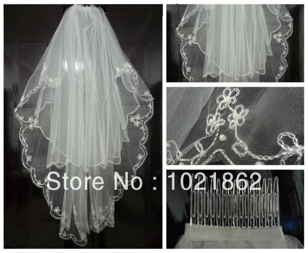 

2t white bridal veils elbow beaded edge embroidery pearls ivory wedding veil with comb two layer9822157, Black