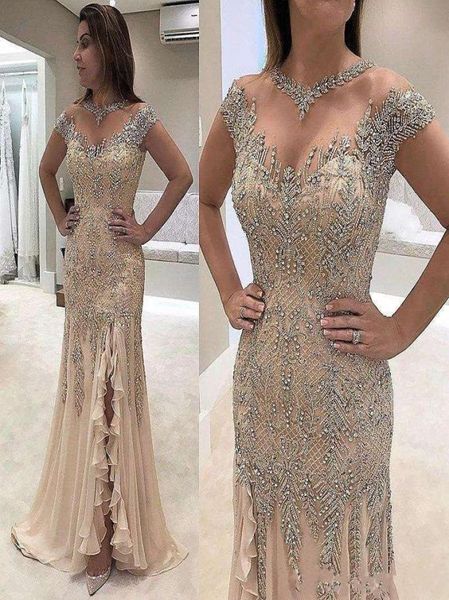 

2019 luxury sheer cap sleeves mermaid evening dresses beaded sequin chiffon split prom gowns formal dresses evening wear party gow9120353, Black;red
