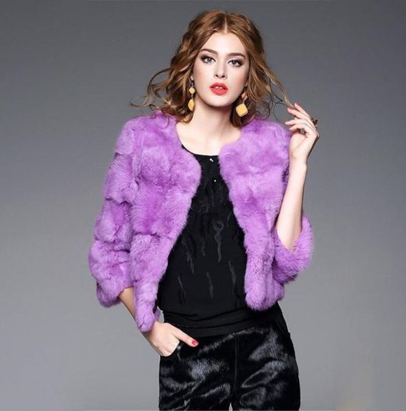 

elegant fashion natural fur jackets women o neck 34 sleeve real fur coats outerwear woman leather overcoat 2019 new3953423, Black