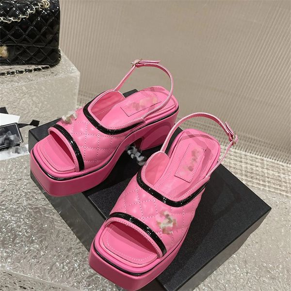 

7.5cm mid high heels sandal interlocking wedge pumps peep toe block heel slingback ankle strap buckle slides thick bottom mule party dress s, Black