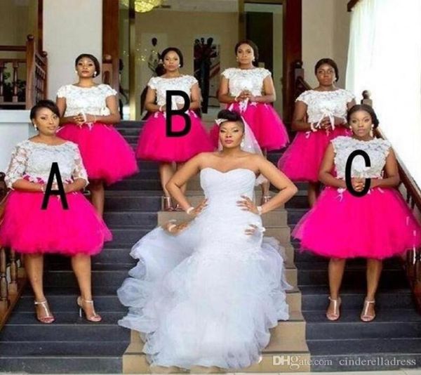 

2020 fuchsia african plus size bridesmaid dresses short capped sleeves with lace applique wedding guest dresses kneelength cockta5088053, White;pink