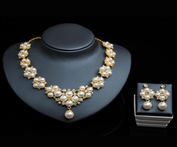 

luxury bridal jewelry pearl necklace earring accessories sets flower shape with crystal necklace wedding jewelry engagement jewelr6887947, White