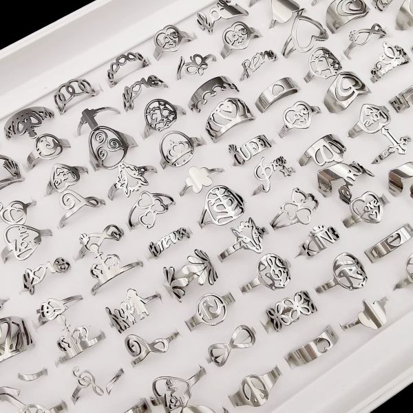 

100 pieces/batch mix and match punk style stainless steel slice ring gifts for women's hollowed out multi-color silver finger jewelry w
