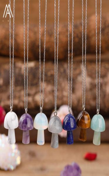 

carved gemstones mushroom pendant charms stainlesssteel chain women healing crystals figurine pendant necklace jewelry1295363, Silver