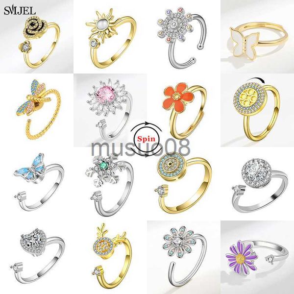 

band rings smjel fidget spinner ring anxiety for women multiple crystal flower eye butterfly animal ring rotate anti stress wedding jewerly, Silver