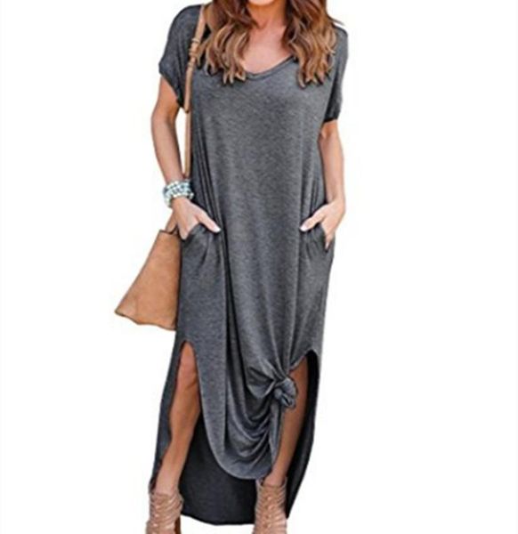 

summer long vneck pocket split solid color casual temperament super long plus fat mm loose pocket dress4630950, Black;gray