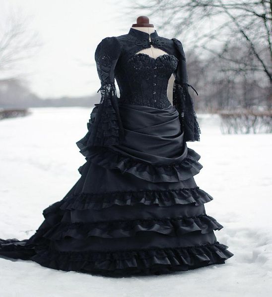 

vintage victorian wedding dress black bustle historical medieval gothic bridal gowns high neck long sleeves corset winter cosplay 1084333, White