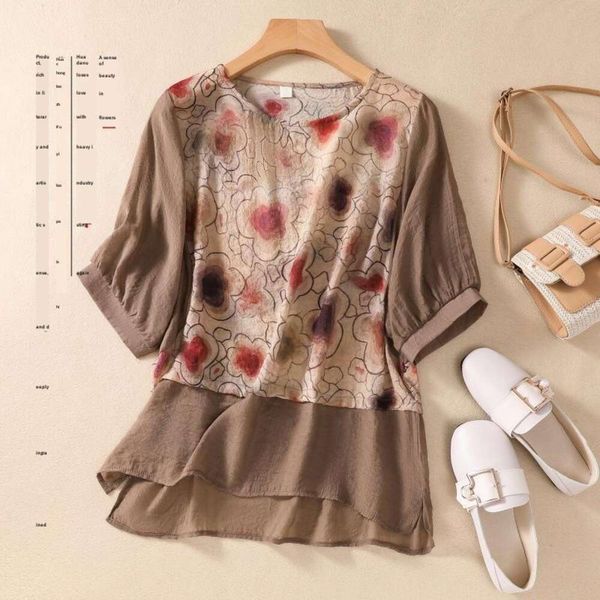 

art vintage patchwork light silk t shirt for women, White