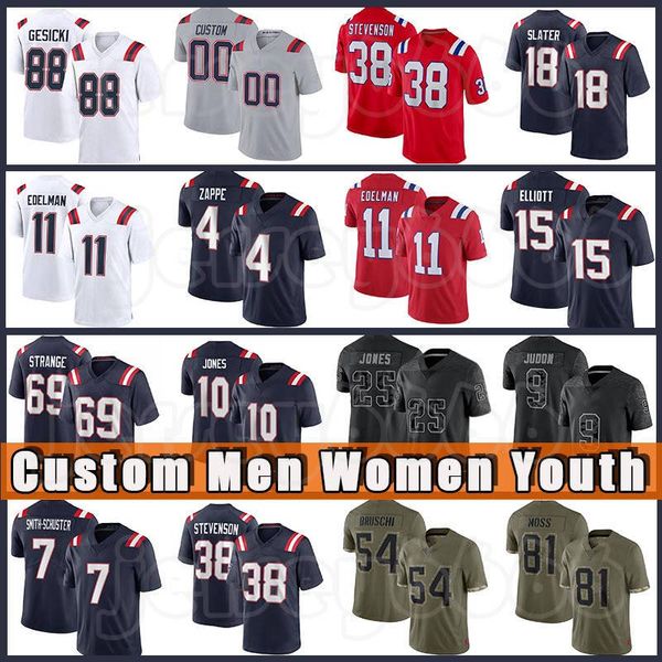 

10 mac jones 15 ezekiel elliott football jerseys juju smith-schuster matt judon mike bailey zappe gesicki matthew slater patriot marcus jone, Black;red