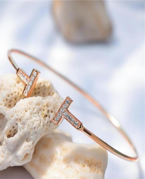 

bangle 2021 simple geometric double tshaped diamond rose gold bracelet fine open jewelry female4726270, Black
