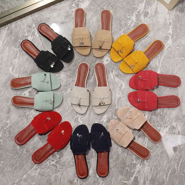 

lp piana summer charms suede sandal mules slippers slides flat heels open-toe slider women luxury designers genuine leather buckle flip flop, Black