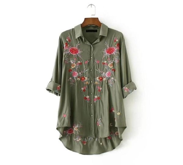

women embroidery blouse army green shirt long sleeve turndown collar long asymmetrical hem casual camisas blusas feminina8495520, White