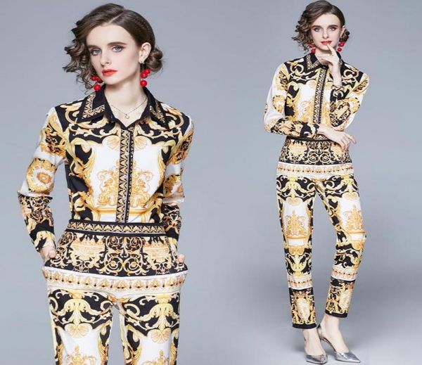 

drop spring summer fall 2pcs womens ladies casual sets vintage baroque print collar long sleeve shirt blouse pant suit7149567, White