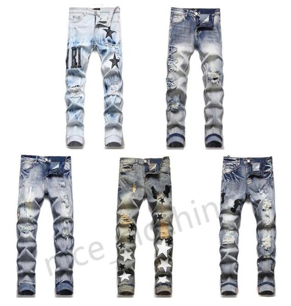 

mens designer jeans distressed slim pants ripped biker motorcycle denim for men fashion luxury jean mans pants embroidery patchwor3047777, Blue