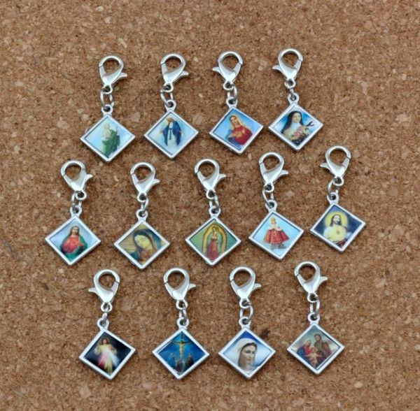 

100pcslots mixed enamel square jesus christ icon religious charms bead with lobster clasp fit charm bracelet diy jewelry 132x30m1323202, Bronze;silver