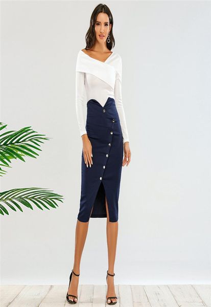 

design offshoulder fake twopiece midlength dress long sleeve singlebreasted slit sheath skirt autumn new8747867, White;black