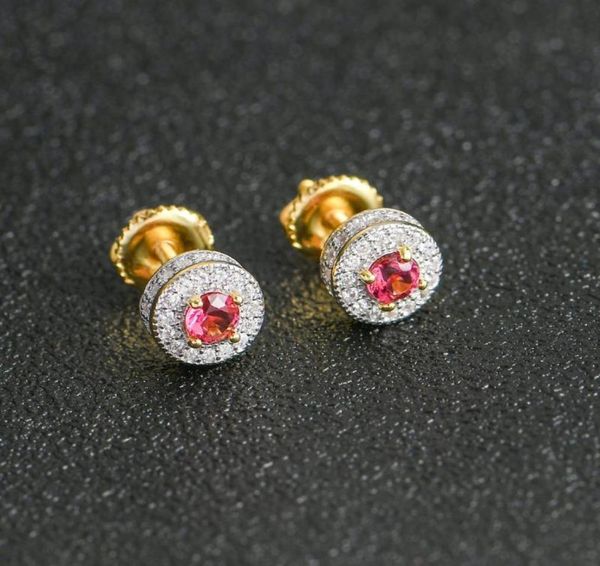 

hip hop 5a red blue stone bling out stud earring round s925 sterling sliver for women men jewelry girls7614081, Golden;silver