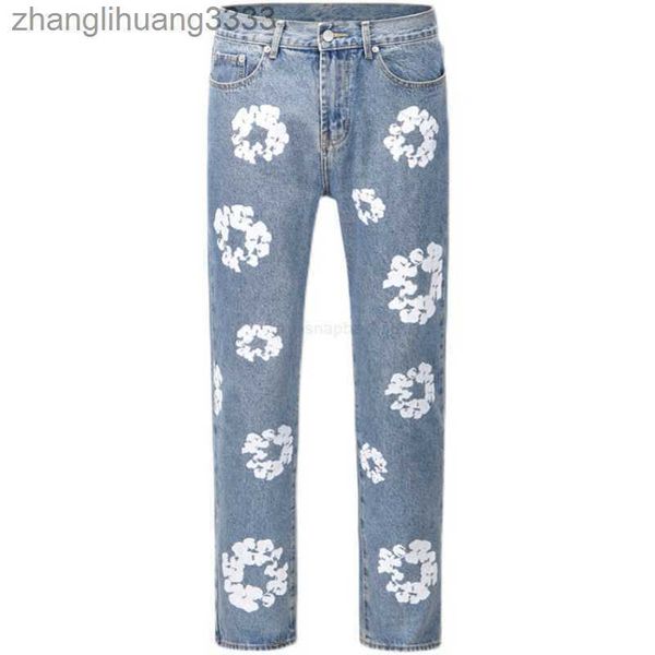 

men's jeans high street denim tears style kapok washed straight jeans men's fashion vintage loose pants, Blue