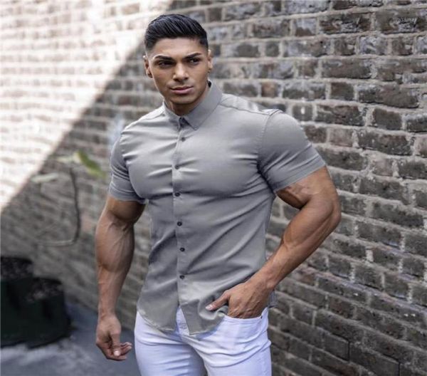 

summer fashion short sleeve shirt mens plain casual super slim fit social business dress shirts fitness men sports clothing men08169851, White;black