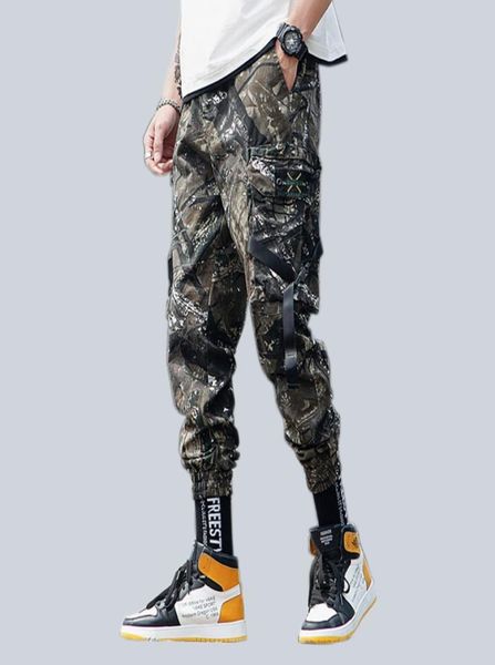 

men camo cargo pants hip hop ribbons mens streetwear casual pockets joggers pants male fashion sweatpants homme trousers4322936, Black