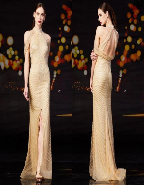 

high neck front slit champagne evening dresses robe longue luxury crystal mermaid prom dresses6213835, Black;red