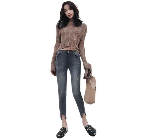 

highwaisted women jeans personality cut broken show skinny buttock small foot pants womens clothing factory direct 276u8133502, Blue