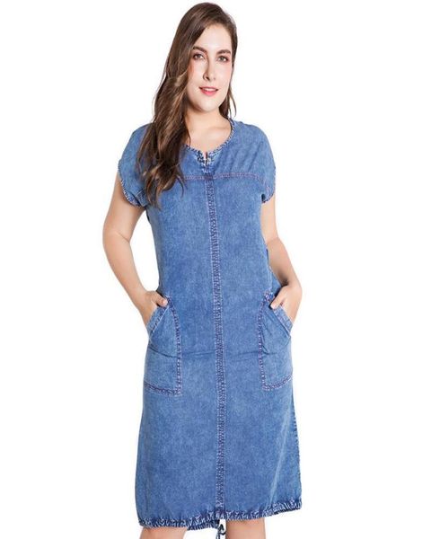 

plus size dresses 2022 summer ladies denim dress for women clothes round neck pockets elegant 4xl 5xl 6xl large party7713432, Black
