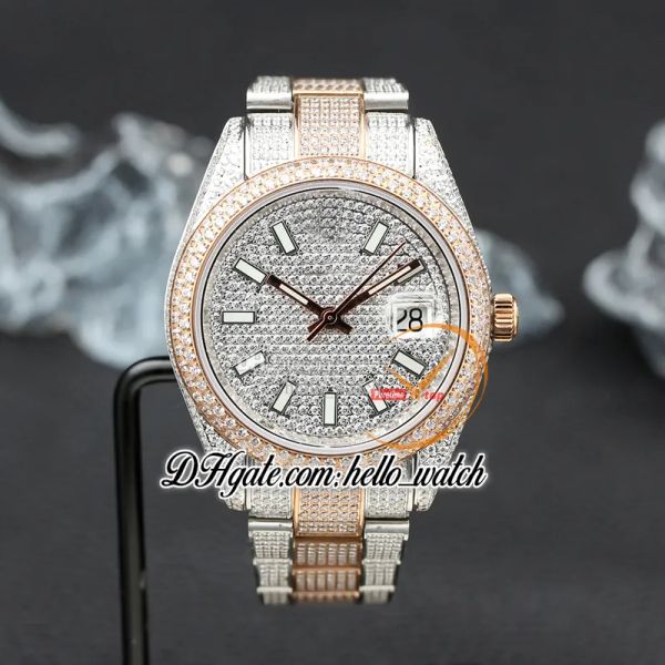 

v3 126334 seagull a2824 automatic mens watch 116244 paved diamonds stick markers two tone rose gold fully iced out diamond bracelet eternity, Slivery;brown