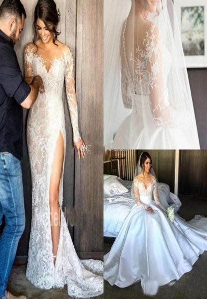 

plus size 2019 lace mermaid wedding dresses with detachable skirt sheer neck long sleeves sheath high slit overskirts bridal gowns9855795, White